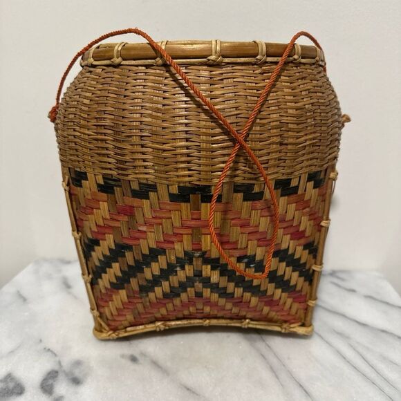 Antique Laotian gathering Woven Basket with Red and Black Pattern - Picture 1 of 16